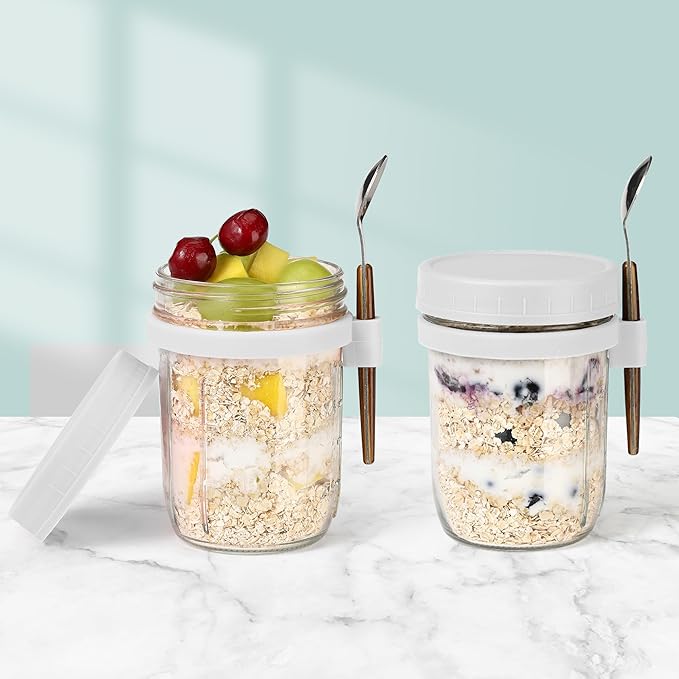 16oz Glass Mason Overnight Oats Jars, Cereal, Yogurt, Salad Lunch,Glass Overnight Oats Containers with Lids and Spoon, Container with Measurement Marks - (White-2Pcs)