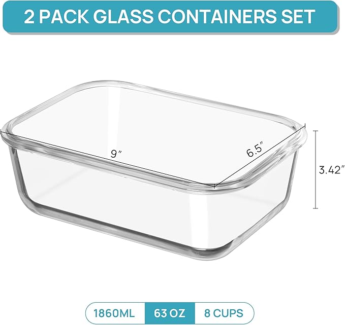 2Pack 1860ml/ 63oz Large Glass Storage Containers with Lids, Meal Prep Food Container Set with Snap Airtight Lid for Baking, Microwave, Oven, Leak Proof, for Freezer, Dishwasher, Grey