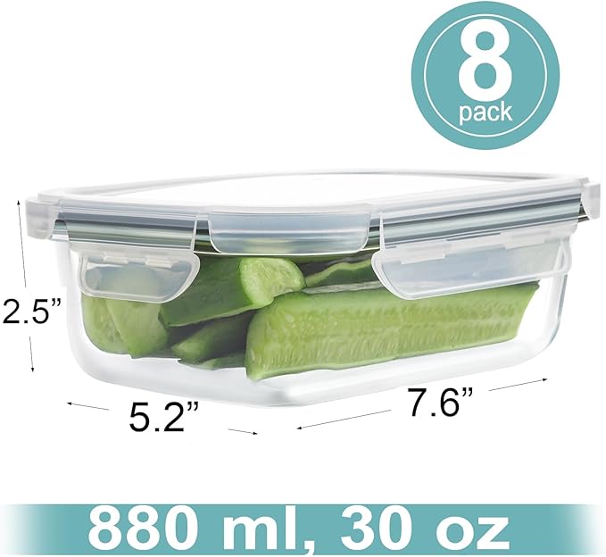 30oz 8 Pack Glass Meal Prep Containers with Lids, Food Storage Airtight Bento Boxes with Leak Proof Locking for Microwave, Oven, Freezer and Dishwasher (8 lids & 8 Containers)