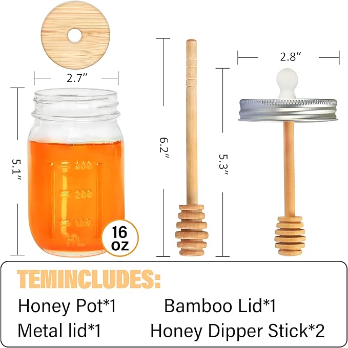 16oz Glass Honey Jar with Dippers Stick Set,Honey Pot with Dipper and Lid,Honey Containers for Airtight Syrup Dispenser for Home Kitchen