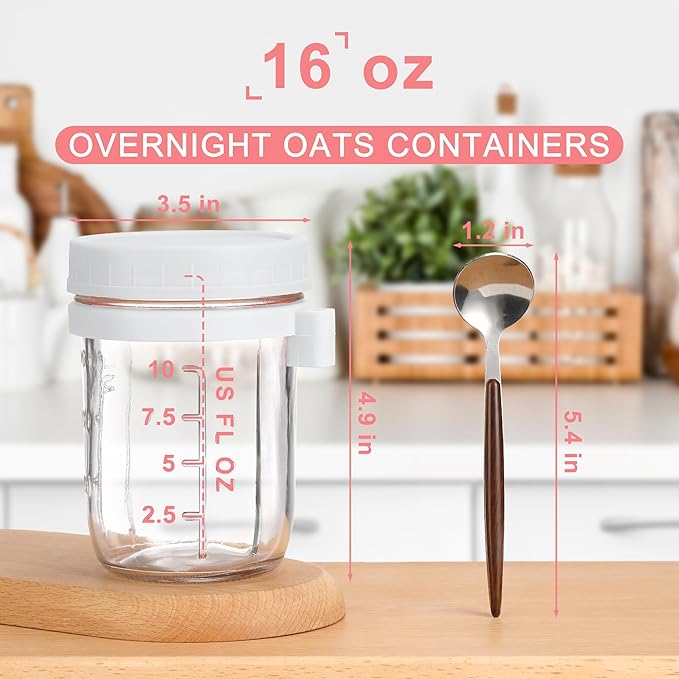 16oz Glass Mason Overnight Oats Jars, Cereal, Yogurt, Salad Lunch,Glass Overnight Oats Containers with Lids and Spoon, Container with Measurement Marks - (White-2Pcs)