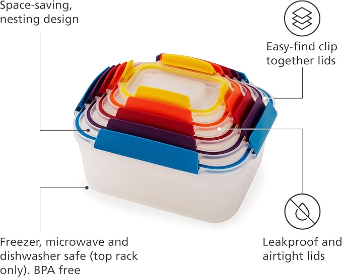 Plastic BPA Free Food Storage Container Set with Lockable Airtight Leakproof Lids, 10-Piece, Multi-Color