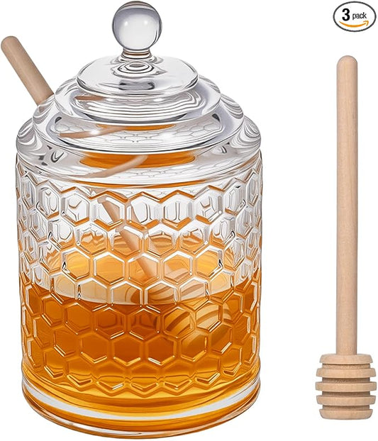 Clear Crystal Honey Pot with Dipper and Lid Glass Jar Dispenser Holder Syrup Container for Home Kitchen,9 oz, 2 Dippers Sticks Set, Containers Kitchen, Home, Storage
