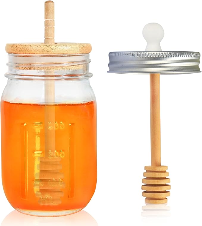 16oz Glass Honey Jar with Dippers Stick Set,Honey Pot with Dipper and Lid,Honey Containers for Airtight Syrup Dispenser for Home Kitchen