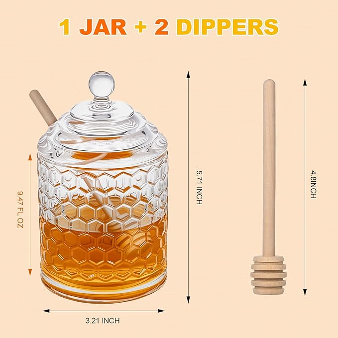 Clear Crystal Honey Pot with Dipper and Lid Glass Jar Dispenser Holder Syrup Container for Home Kitchen,9 oz, 2 Dippers Sticks Set, Containers Kitchen, Home, Storage