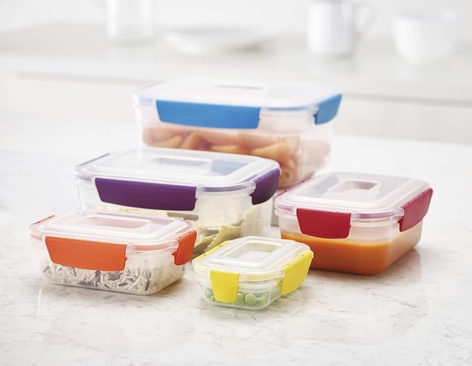 Plastic BPA Free Food Storage Container Set with Lockable Airtight Leakproof Lids, 10-Piece, Multi-Color