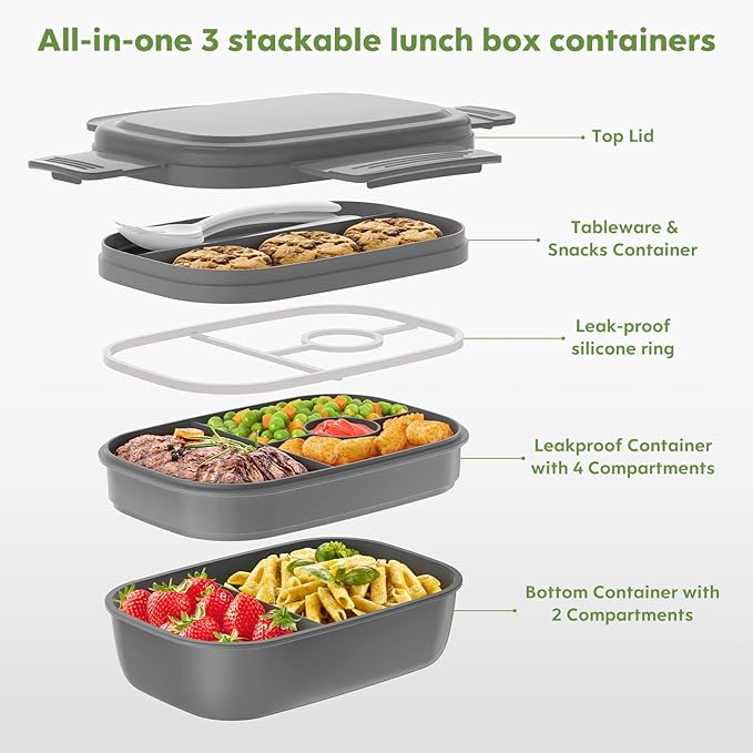 Adult Lunch Box,3 Stackable Bento Lunch Containers for Adults/Kids, Modern Minimalist Design Bento Box with Utensil Set, Leak-Proof Lunchbox Bento Box for Dining Out, Work, Picnic, School