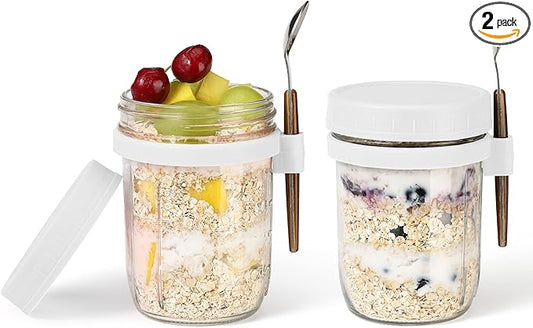16oz Glass Mason Overnight Oats Jars, Cereal, Yogurt, Salad Lunch,Glass Overnight Oats Containers with Lids and Spoon, Container with Measurement Marks - (White-2Pcs)