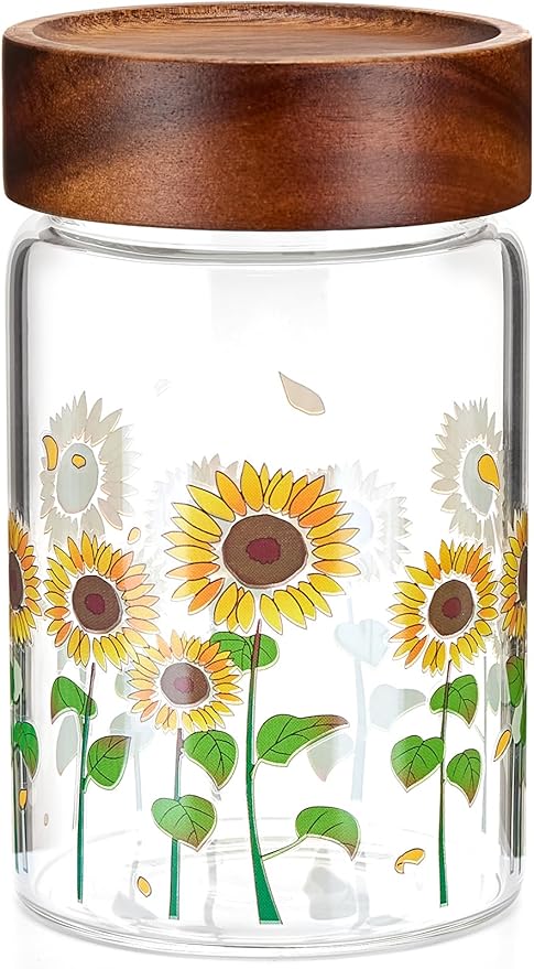 Sunflower Glass Storage Container Food Jars Kitchen Canister with Airtight Lids,17OZ Kitchen Pantry Organization Jars for Sugar/Candy/Cookie/Flour,Vintage Coffee Storage Canister for Coffee Bar Decor