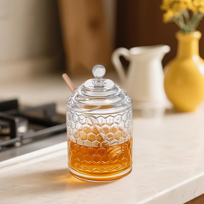 Clear Crystal Honey Pot with Dipper and Lid Glass Jar Dispenser Holder Syrup Container for Home Kitchen,9 oz, 2 Dippers Sticks Set, Containers Kitchen, Home, Storage