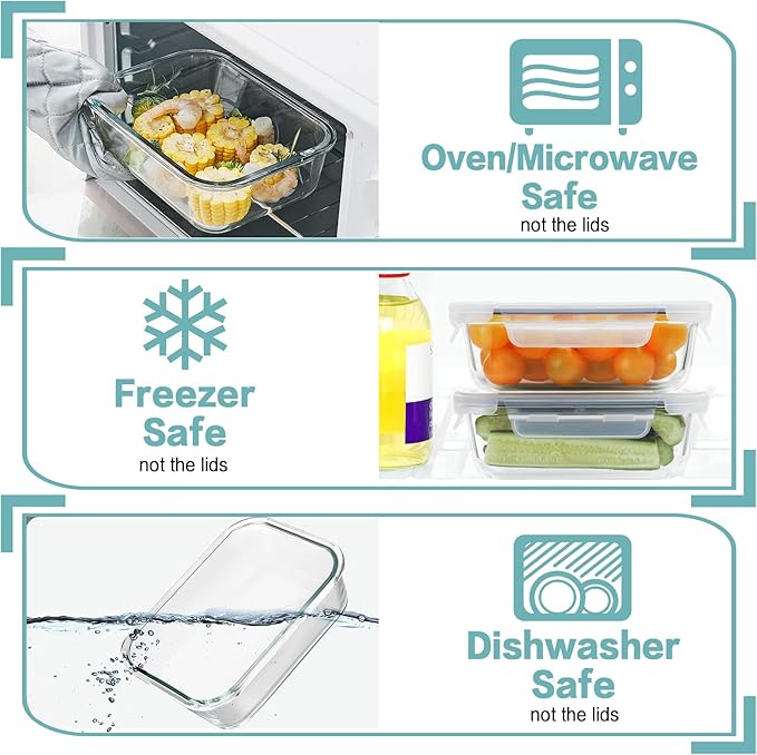 30oz 8 Pack Glass Meal Prep Containers with Lids, Food Storage Airtight Bento Boxes with Leak Proof Locking for Microwave, Oven, Freezer and Dishwasher (8 lids & 8 Containers)