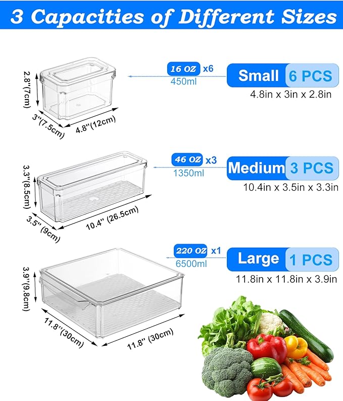 10-Pack Fridge Organizer – Stackable Refrigerator Storage Bins with Lids – BPA-Free Clear Fruit Storage Containers for Vegetables, Food & Drinks