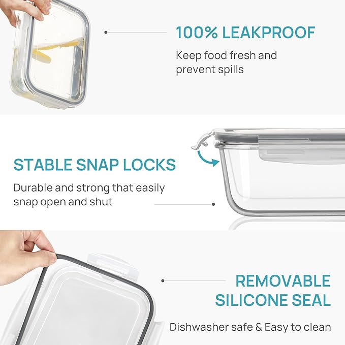 2Pack 1860ml/ 63oz Large Glass Storage Containers with Lids, Meal Prep Food Container Set with Snap Airtight Lid for Baking, Microwave, Oven, Leak Proof, for Freezer, Dishwasher, Grey