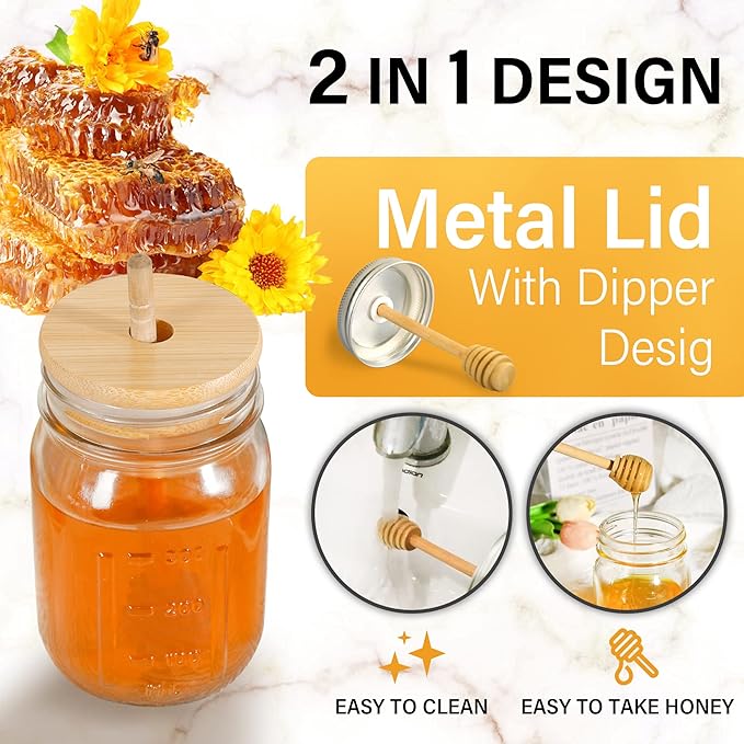 16oz Glass Honey Jar with Dippers Stick Set,Honey Pot with Dipper and Lid,Honey Containers for Airtight Syrup Dispenser for Home Kitchen