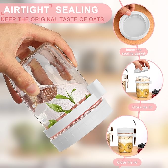 16oz Glass Mason Overnight Oats Jars, Cereal, Yogurt, Salad Lunch,Glass Overnight Oats Containers with Lids and Spoon, Container with Measurement Marks - (White-2Pcs)