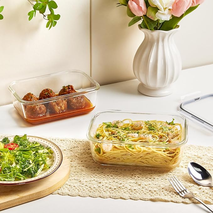 2Pack 1860ml/ 63oz Large Glass Storage Containers with Lids, Meal Prep Food Container Set with Snap Airtight Lid for Baking, Microwave, Oven, Leak Proof, for Freezer, Dishwasher, Grey