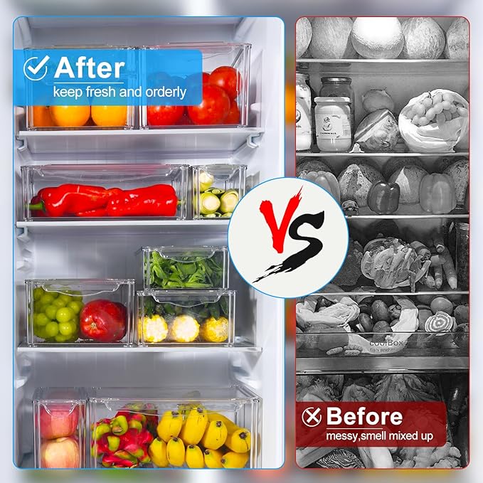 10-Pack Fridge Organizer – Stackable Refrigerator Storage Bins with Lids – BPA-Free Clear Fruit Storage Containers for Vegetables, Food & Drinks