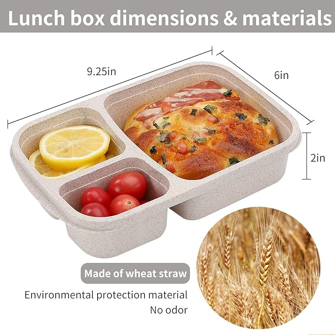 4 Pack Bento Lunch Box Set 3 Compartment Food Storage Containers Wheat Straw Meal Prep Lunch Box Plastic Food Storage Containers, Microwave and Dishwasher Safe (light colour)