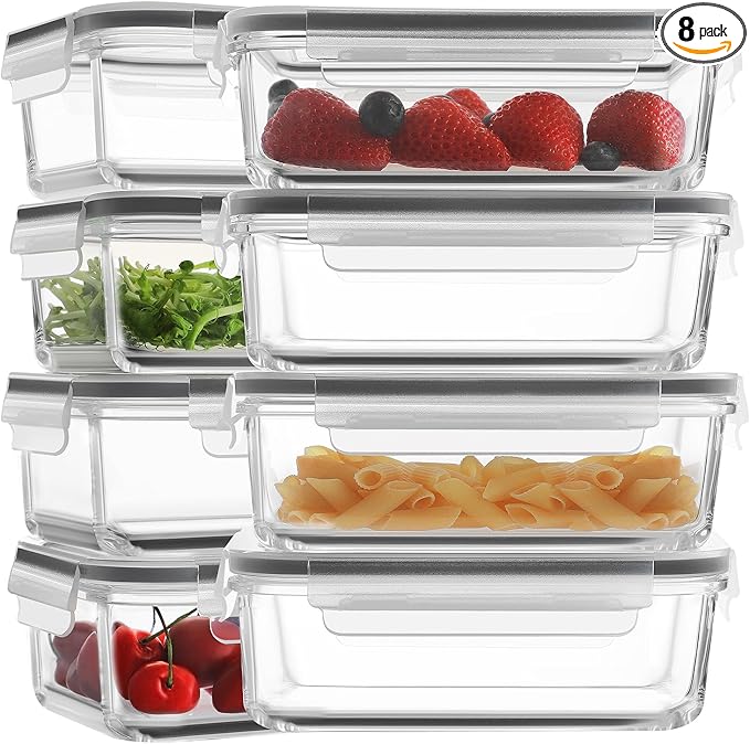 30oz 8 Pack Glass Meal Prep Containers with Lids, Food Storage Airtight Bento Boxes with Leak Proof Locking for Microwave, Oven, Freezer and Dishwasher (8 lids & 8 Containers)