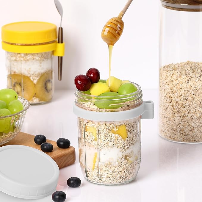 16oz Glass Mason Overnight Oats Jars, Cereal, Yogurt, Salad Lunch,Glass Overnight Oats Containers with Lids and Spoon, Container with Measurement Marks - (White-2Pcs)