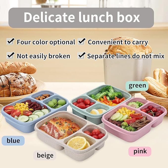 4 Pack Bento Lunch Box Set 3 Compartment Food Storage Containers Wheat Straw Meal Prep Lunch Box Plastic Food Storage Containers, Microwave and Dishwasher Safe (light colour)