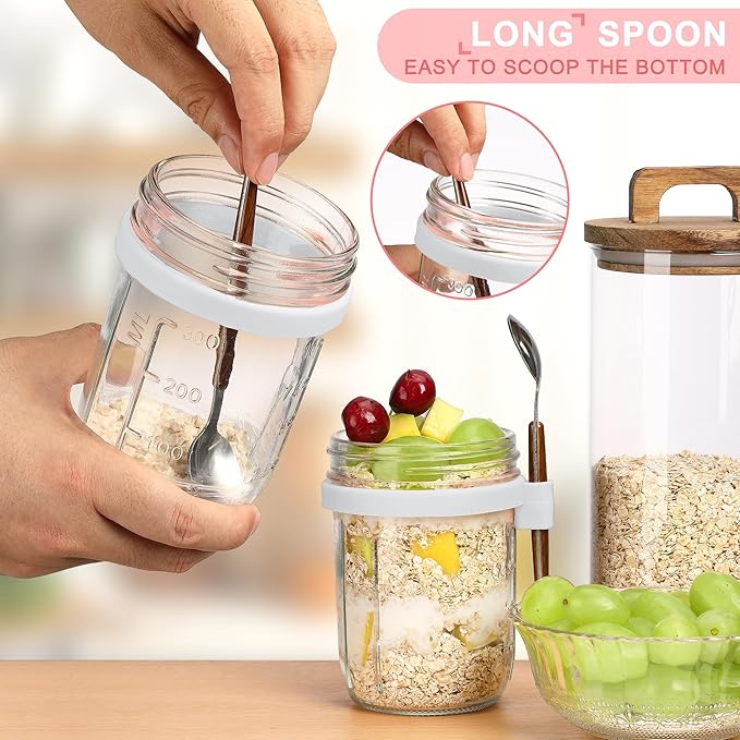 16oz Glass Mason Overnight Oats Jars, Cereal, Yogurt, Salad Lunch,Glass Overnight Oats Containers with Lids and Spoon, Container with Measurement Marks - (White-2Pcs)