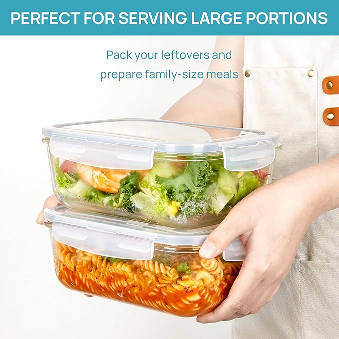2Pack 1860ml/ 63oz Large Glass Storage Containers with Lids, Meal Prep Food Container Set with Snap Airtight Lid for Baking, Microwave, Oven, Leak Proof, for Freezer, Dishwasher, Grey