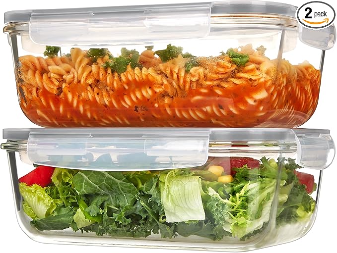 2Pack 1860ml/ 63oz Large Glass Storage Containers with Lids, Meal Prep Food Container Set with Snap Airtight Lid for Baking, Microwave, Oven, Leak Proof, for Freezer, Dishwasher, Grey
