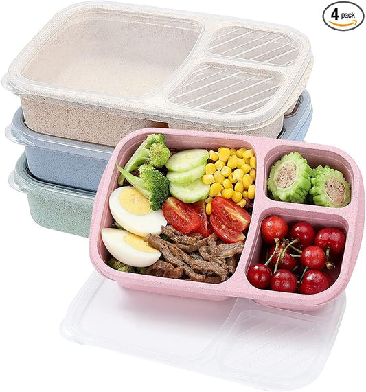 4 Pack Bento Lunch Box Set 3 Compartment Food Storage Containers Wheat Straw Meal Prep Lunch Box Plastic Food Storage Containers, Microwave and Dishwasher Safe (light colour)