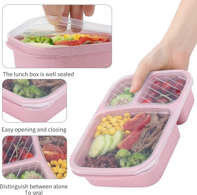 4 Pack Bento Lunch Box Set 3 Compartment Food Storage Containers Wheat Straw Meal Prep Lunch Box Plastic Food Storage Containers, Microwave and Dishwasher Safe (light colour)