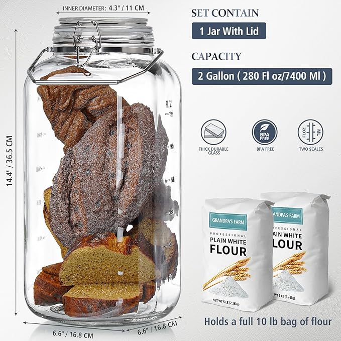 [Upgrade] 2 Gallon Glass Jars with Airtight Lids, 7400 ml Large Wide Mouth Glass Mason Jars with Stainless Steel Handle, Big Storage Jars with Lids, 2 Scale Markings Cereal Containers Storage