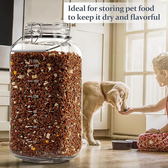 [Upgrade] 2 Gallon Glass Jars with Airtight Lids, 7400 ml Large Wide Mouth Glass Mason Jars with Stainless Steel Handle, Big Storage Jars with Lids, 2 Scale Markings Cereal Containers Storage