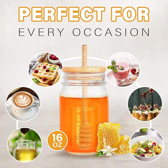 16oz Glass Honey Jar with Dippers Stick Set,Honey Pot with Dipper and Lid,Honey Containers for Airtight Syrup Dispenser for Home Kitchen