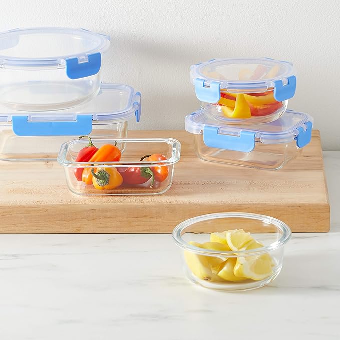 Glass Food Storage Containers with Locking Lids, Set of 7, 14 pieces including lids, BPA-Free, clear with blue silicone ring
