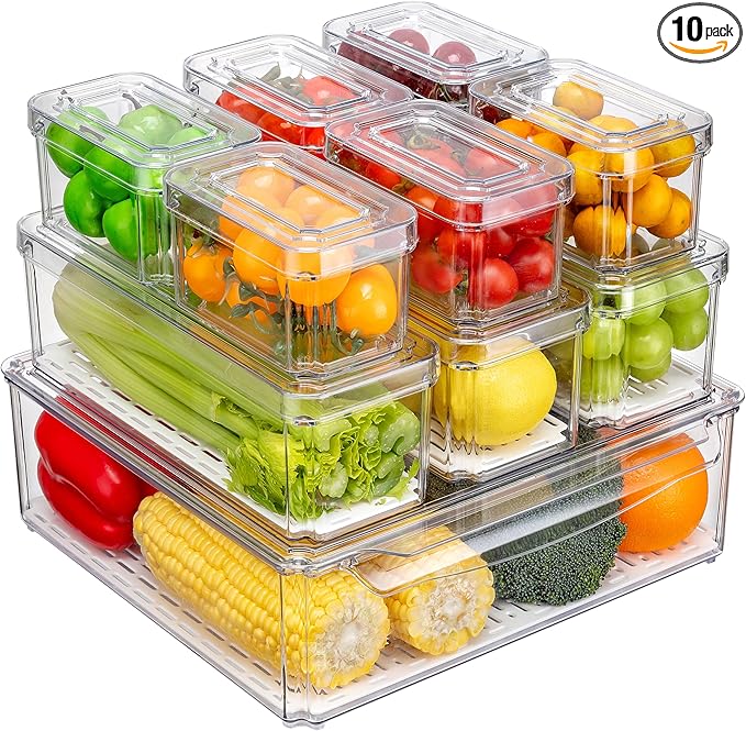 10-Pack Fridge Organizer – Stackable Refrigerator Storage Bins with Lids – BPA-Free Clear Fruit Storage Containers for Vegetables, Food & Drinks